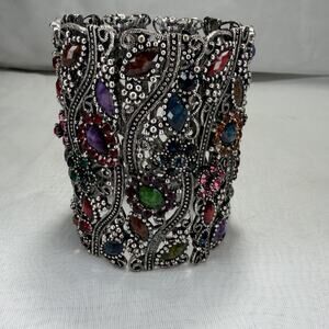 Vintage Colorful Beaded Arm Cuff Bracelet Stretch Floral Design Abstract Boho